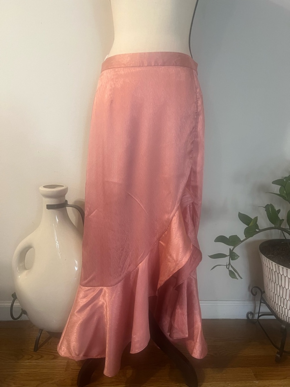 Lulu's Blush Satin High-Low Ruffle Skirt with Front Slit - Picture 13 of 16